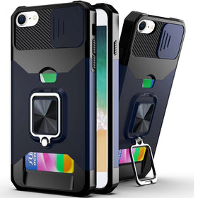 Premium Multi-Functional Card Magnetic Ring Stand Hybrid Camera Case For iPhone 16E / SE4/ 17e - Blue