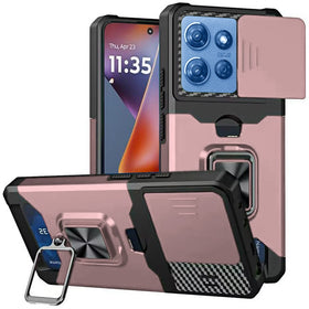 HR Premium Multi-Functional Card Magnetic Ring Stand Hybrid Camera Case Cover For Motorola Moto G 5G 2025/2026 - Rose Gold