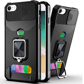 Premium Multi-Functional Card Magnetic Ring Stand Hybrid Camera Case For iPhone 16E / SE4/ 17e - Black