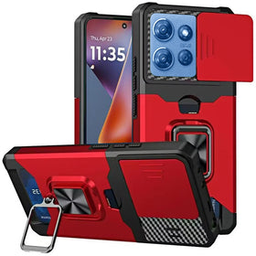 HR Premium Multi-Functional Card Magnetic Ring Stand Hybrid Camera Case Cover For Motorola Moto G 5G 2025/2026 - Red