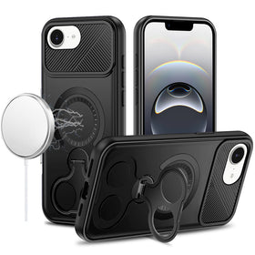 Premium Car Mount With 2-Ring Stand Hybrid Case For iPhone 16E (E Edition) / SE4 (2025) / 17e - Black