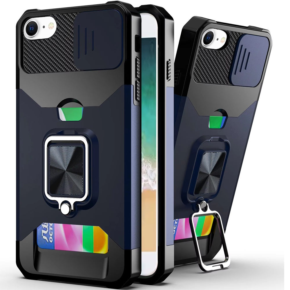 Premium Multi-Functional Card Magnetic Ring Stand Hybrid Camera Case For iPhone 16E / SE4/ 17e - Blue