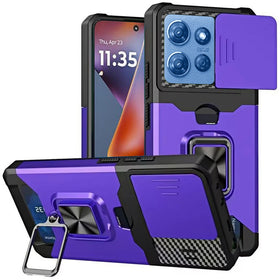 HR Premium Multi-Functional Card Magnetic Ring Stand Hybrid Camera Case Cover For Motorola Moto G 5G 2025/2026 - Dark Purple