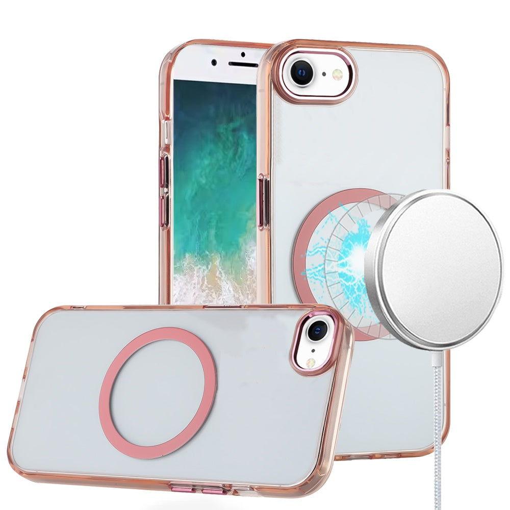 Premium Magnetic Circle Ring Transparent Premium Acrylic Case With Metal Buttons & Camera Raised Lip For iPhone 16E / SE4 / 17e - Rose Gold