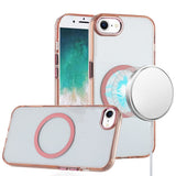 Premium Magnetic Circle Ring Transparent Premium Acrylic Case With Metal Buttons & Camera Raised Lip For iPhone 16E / SE4 / 17e - Rose Gold