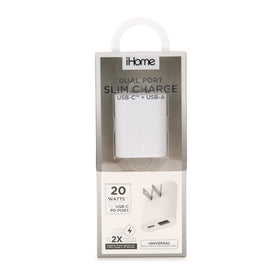 iHome 20W Dual-Port Ac Pro Usb-A & Usb-C Wall Charger W/ Folding Prongs - White