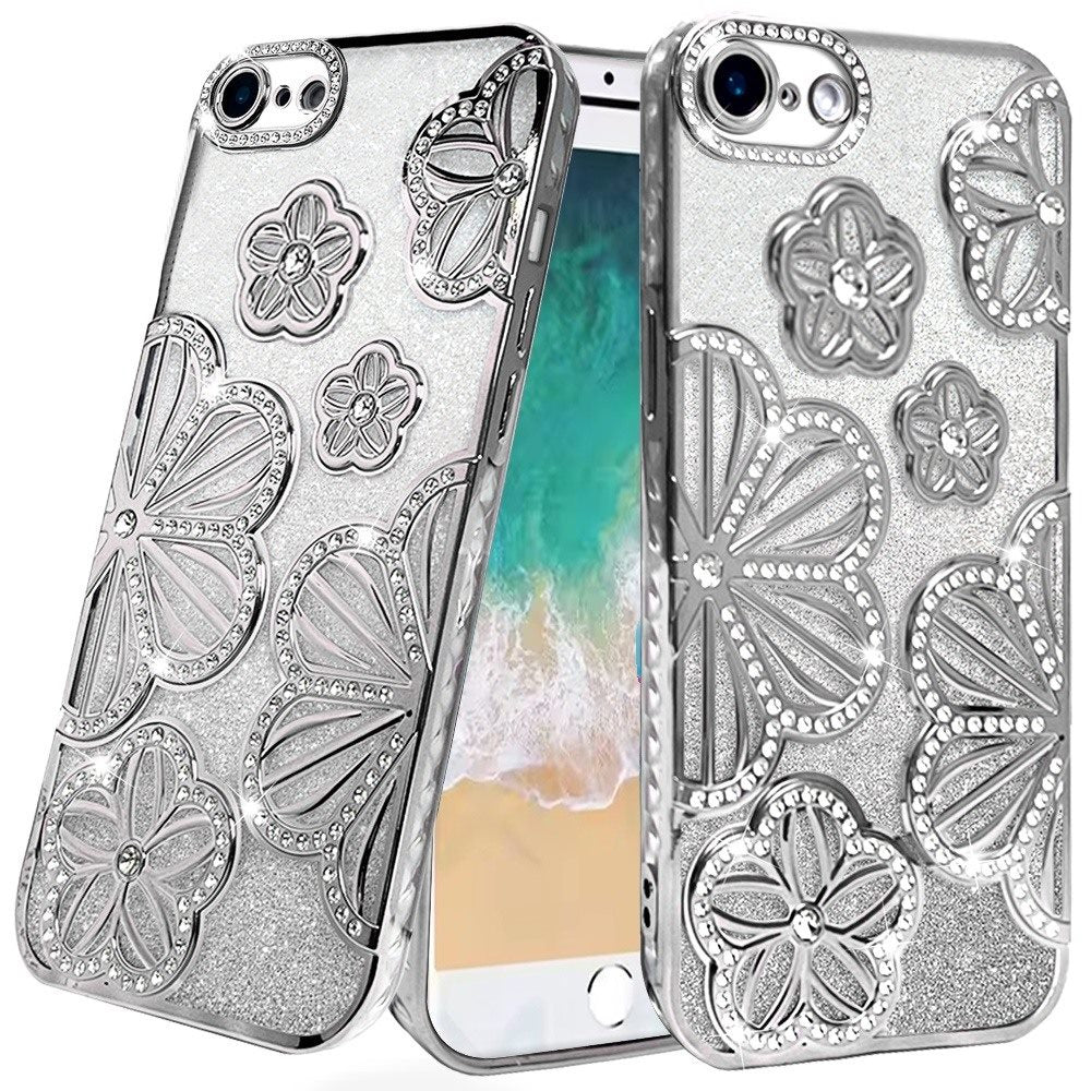 Premium Shimmer Glitter Floral Design Thick TPU Case Cover For iPhone 16E / SE4 - Silver