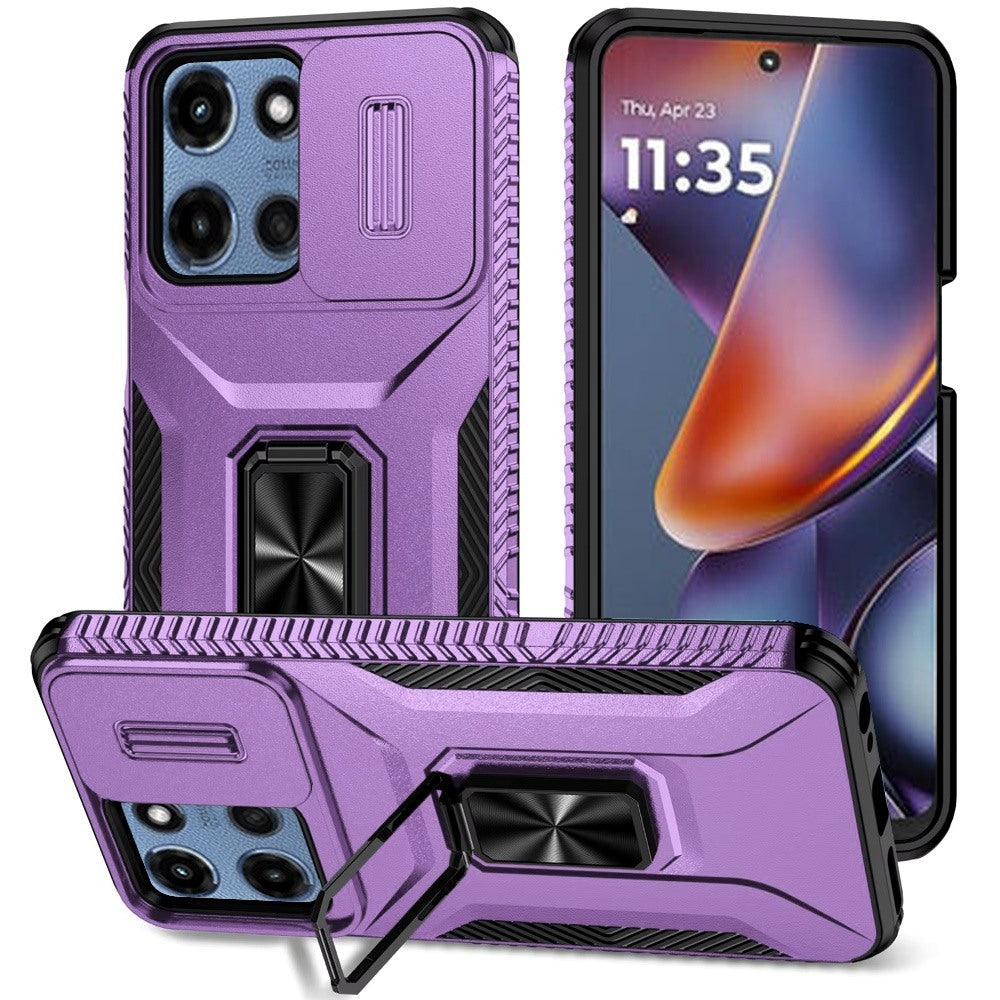 HR Premium Complete Magnetic Metal Ring Stand Camera Protection Hybrid Case For Motorola Moto G 5G 2025/2026 - Dark Purple
