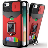 Premium Multi-Functional Card Magnetic Ring Stand Hybrid Camera Case For iPhone 16E / SE4 - Red