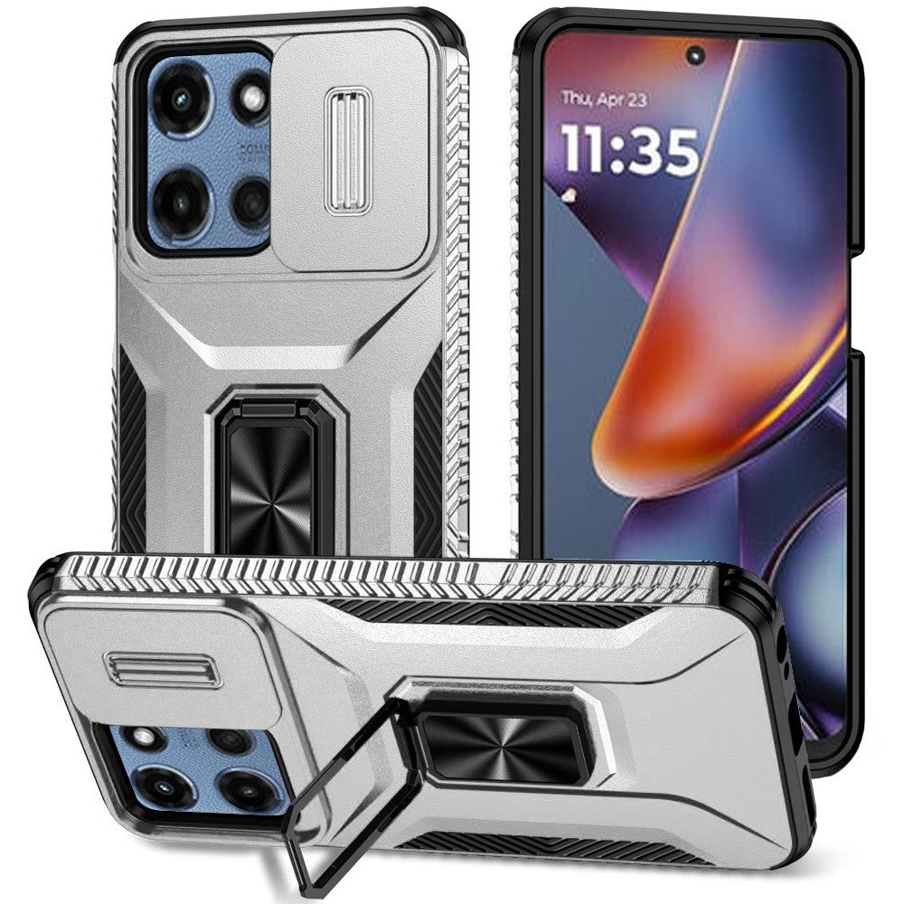 HR Premium Complete Magnetic Metal Ring Stand Camera Protection Hybrid Case For Motorola Moto G 5G 2025/2026 - Silver