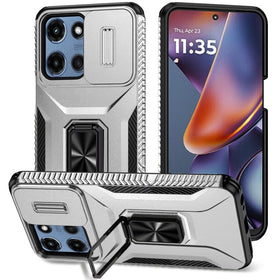 HR Premium Complete Magnetic Metal Ring Stand Camera Protection Hybrid Case For Motorola Moto G 5G 2025/2026 - Silver