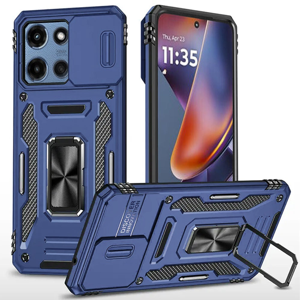 HR Premium Utter Tough Metal Ring Movable Camera Window Hybrid Case Cover For Motorola Moto G 5G 2025/2026 - Navy Blue