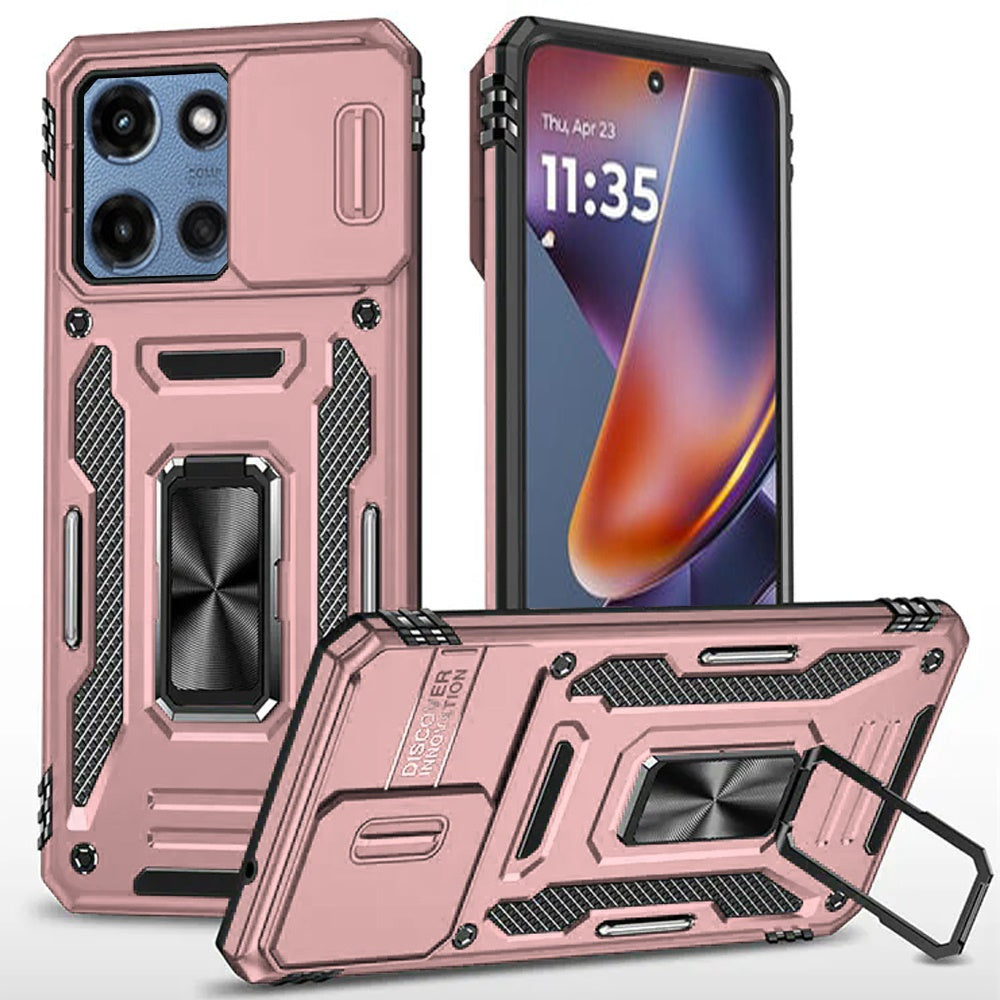 HR Premium Utter Tough Metal Ring Movable Camera Window Hybrid Case Cover For Motorola Moto G 5G 2025/2026 - Rose Gold
