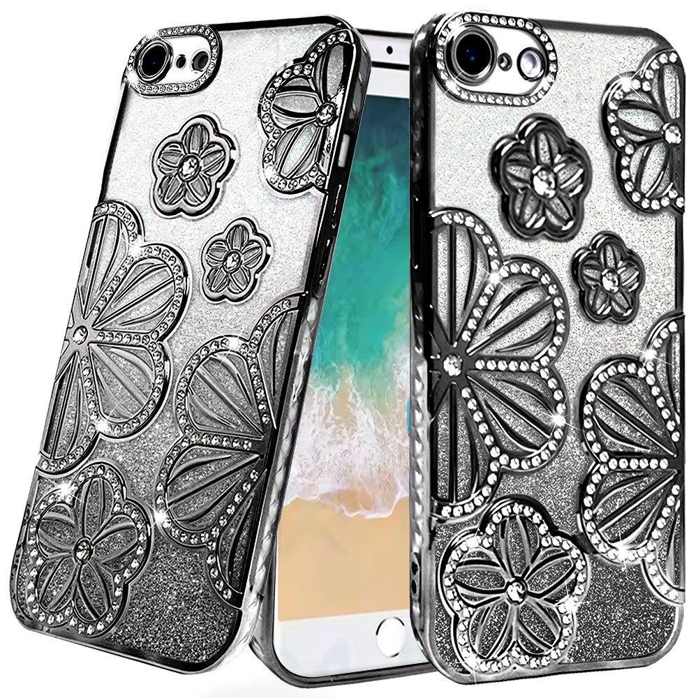 Premium Shimmer Glitter Floral Design Thick TPU Case Cover For iPhone 16E / SE4 / 17E- Black