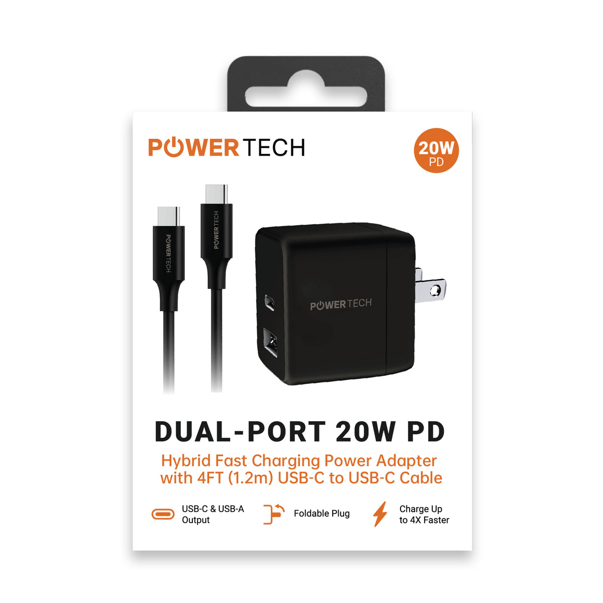 Powertech PD 20W Dual-Port USB-A & USB-C Wall Charger W/ 4' C-C Cable - Black