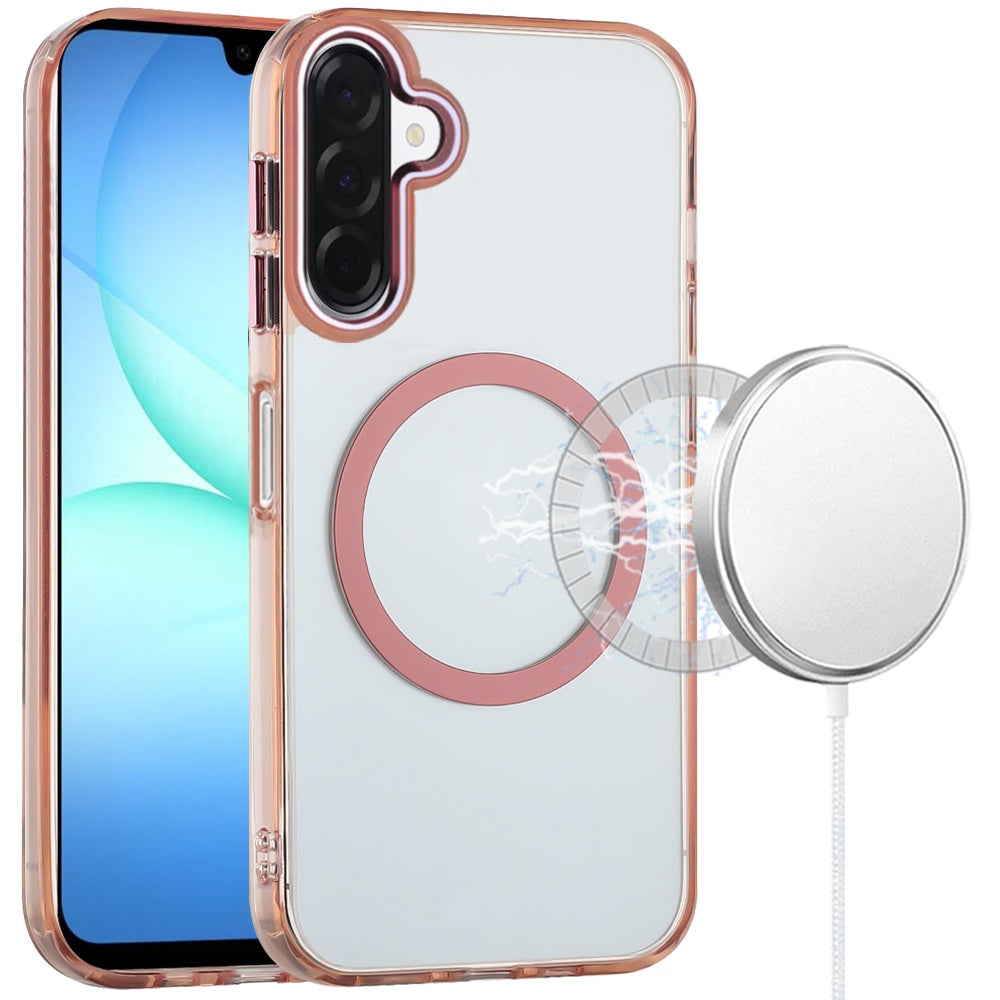 Premium Magnetic Circle Ring Transparent Premium Acrylic Case With Metal Buttons & Camera Raised Lip For Samsung A17 5G - Rose Gold