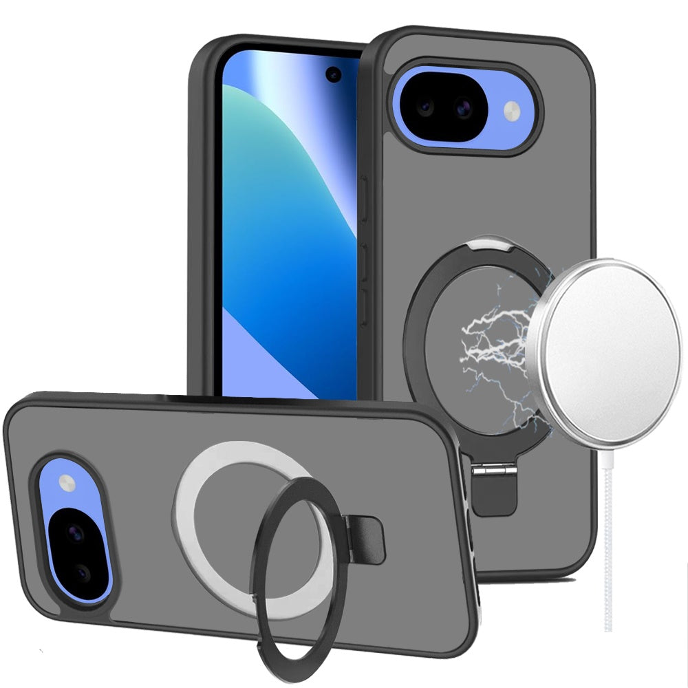 HR Premium Magnetic Matching Ring Stand Full Rotation Matte Hybrid Case For Google Pixel 10A - Black