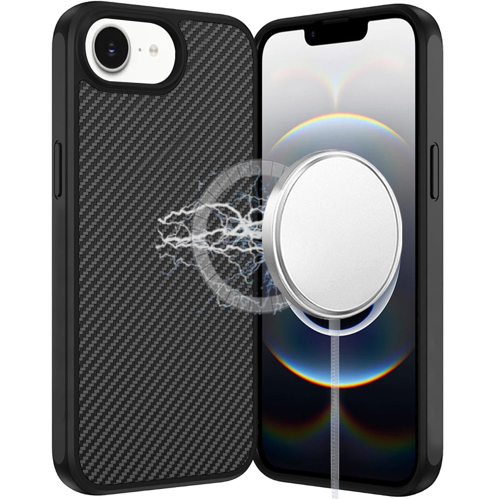 Premium Carbonfiber Design Magnetic Ring HQ Thick 2.0mm Hybrid Case For iPhone 16E / SE4 / 17e - Black