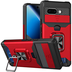 HR Premium Multi-Functional Card Magnetic Ring Stand Hybrid Camera Case Cover For Google Pixel 10A - Red