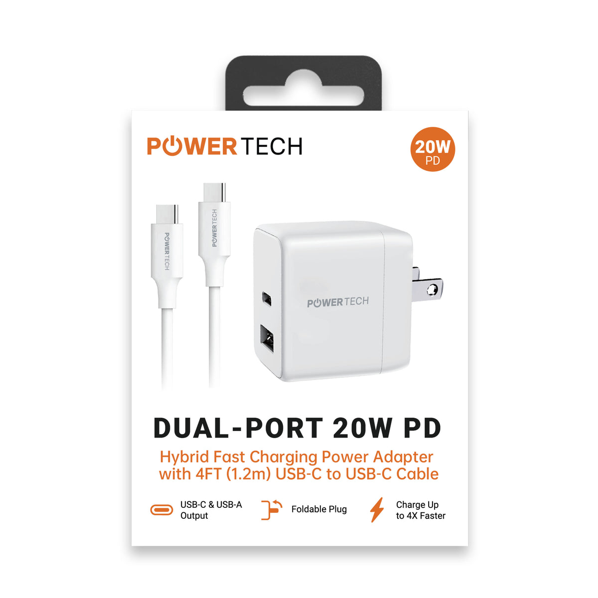 Powertech 20W PD Dual-Port USB-A & USB-C Wall Charger W/ 4' C-C Cable - White