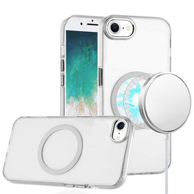 Premium Magnetic Circle Ring Transparent Premium Acrylic Case With Metal Buttons & Camera Raised Lip For iPhone 16E / SE4 / 17e - Clear