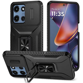 HR Premium Complete Magnetic Metal Ring Stand Camera Protection Hybrid Case For Motorola Moto G 5G 2025/2026 - Black