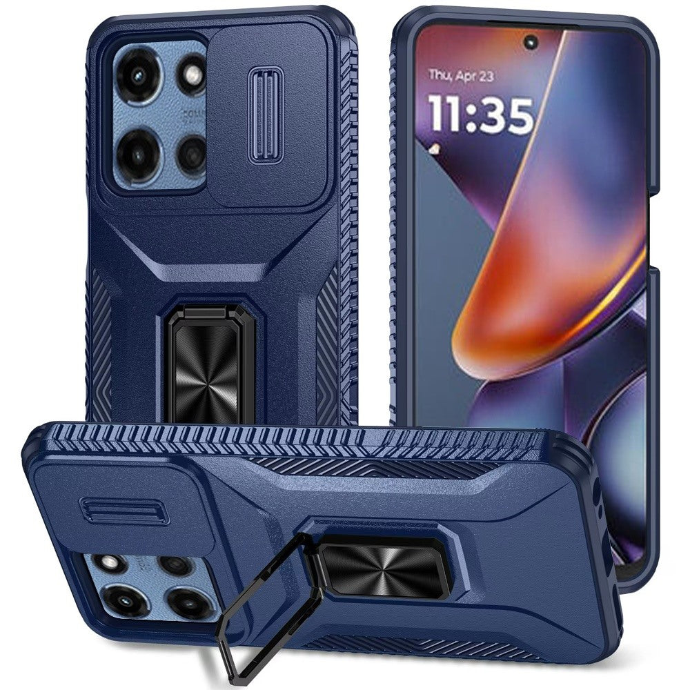 HR Premium Complete Magnetic Metal Ring Stand Camera Protection Hybrid Case For Motorola Moto G 5G 2025/2026 - Blue