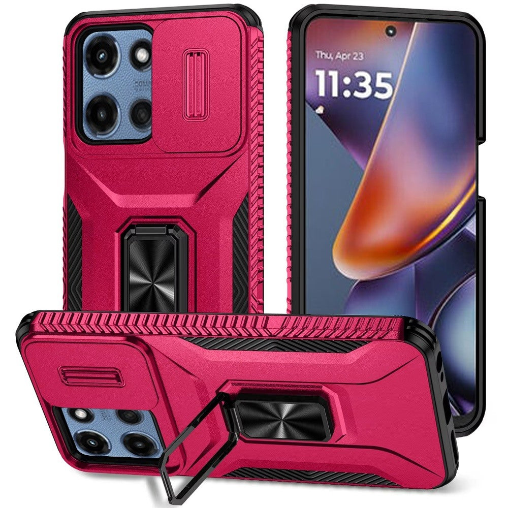 HR Premium Complete Magnetic Metal Ring Stand Camera Protection Hybrid Case For Motorola Moto G 5G 2025/2026 - Hot Pink