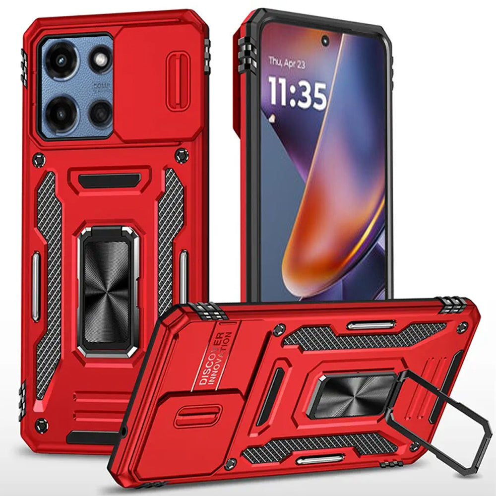 HR Premium Utter Tough Metal Ring Movable Camera Window Hybrid Case Cover For Motorola Moto G 5G 2025/2026 - Red