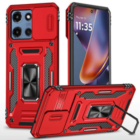 HR Premium Utter Tough Metal Ring Movable Camera Window Hybrid Case Cover For Motorola Moto G 5G 2025/2026 - Red
