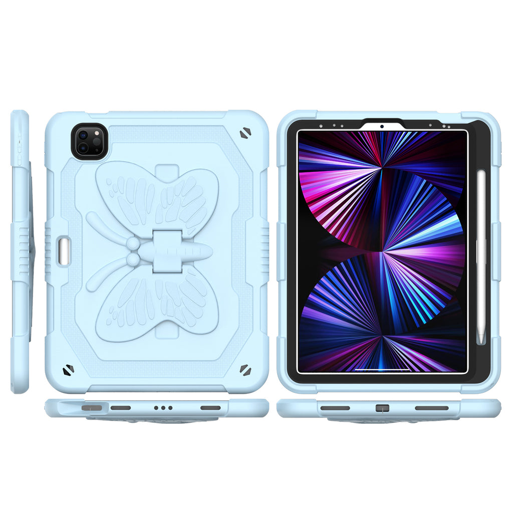 Premium Butterfly Kickstand 3-In-1 Tough Hybrid Case W/ Shoulder Strap For Samsung A9 Plus / A11 Plus  - Light Blue