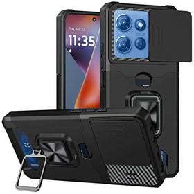 HR Premium Multi-Functional Card Magnetic Ring Stand Hybrid Camera Case Cover For Motorola Moto G 5G 2025/2026 - Black
