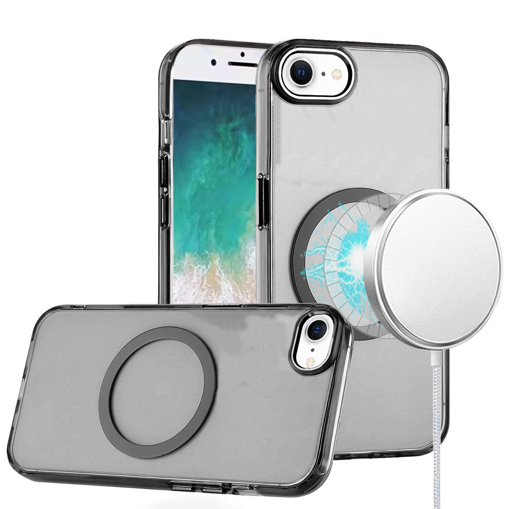 Premium Magnetic Circle Ring Transparent Premium Acrylic Case With Metal Buttons & Camera Raised Lip For iPhone 16E / SE4 / 17e - Black