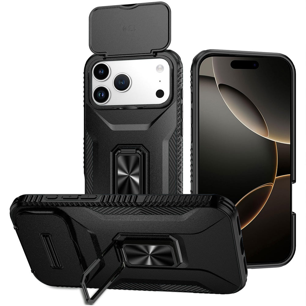 Premium Complete Magnetic Metal Ring Stand Camera Protection Hybrid Case For iPhone 17 Pro Max - Black