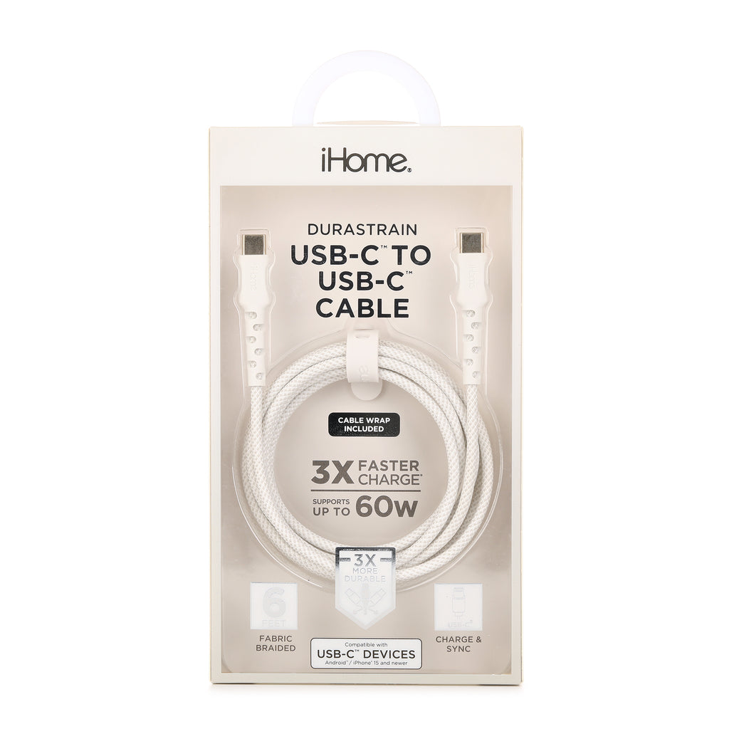 iHome Durastrain 6' Braided Usb-C To Usb-C Cable W/ Cable Wrap - White