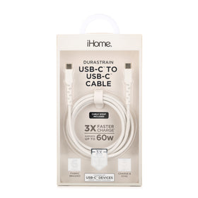 iHome Durastrain 6' Braided Usb-C To Usb-C Cable W/ Cable Wrap - White