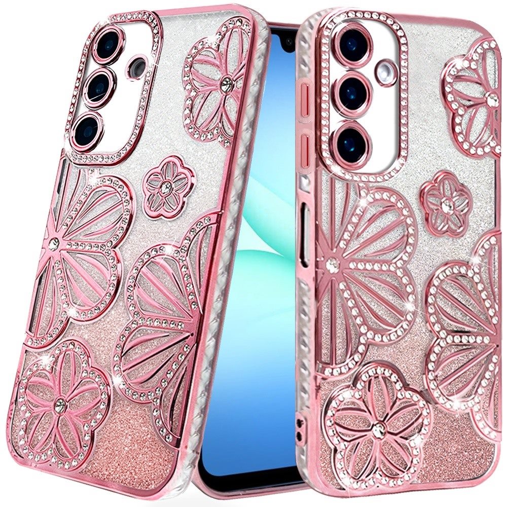 Premium Pro Max Shimmer Glitter Floral Design Thick TPU Case For Samsung A17 5G - Rose Gold