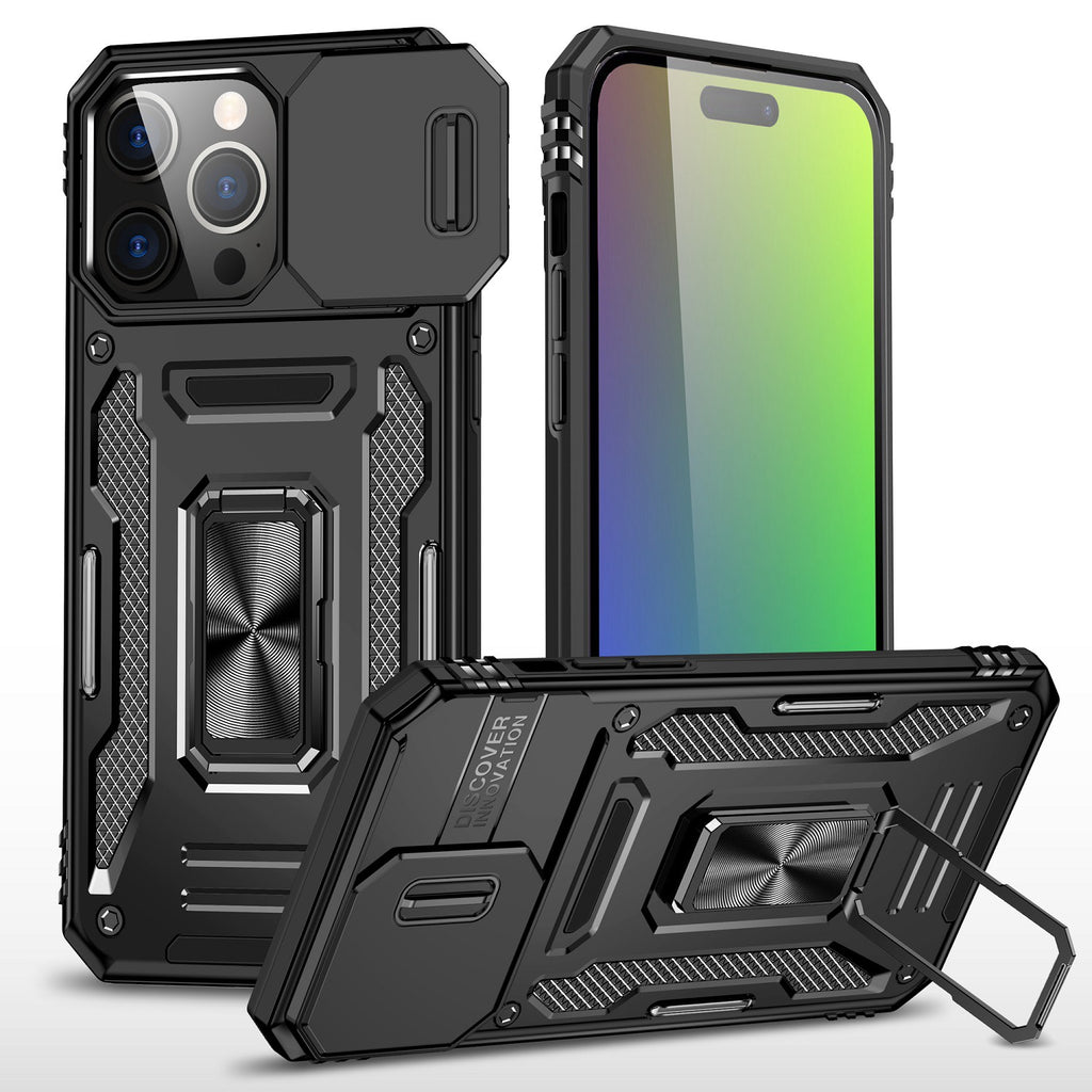 Premium Utter Tough Metal Ring Movable Camera Window Hybrid Case For iPhone 15 - Black