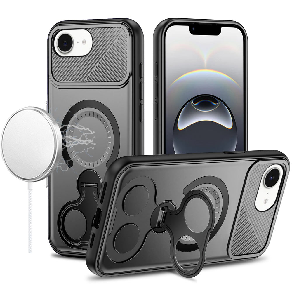 Premium Car Mount With 2-Ring Stand Hybrid Case For iPhone 16E (E Edition) / SE4 (2025) / 17e - Gray