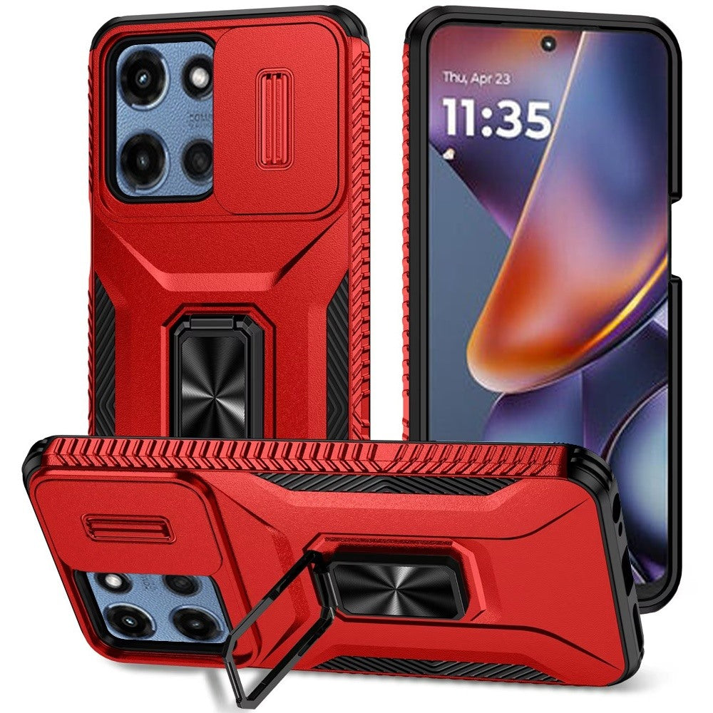 HR Premium Complete Magnetic Metal Ring Stand Camera Protection Hybrid Case For Motorola Moto G 5G 2025/2026 - Red