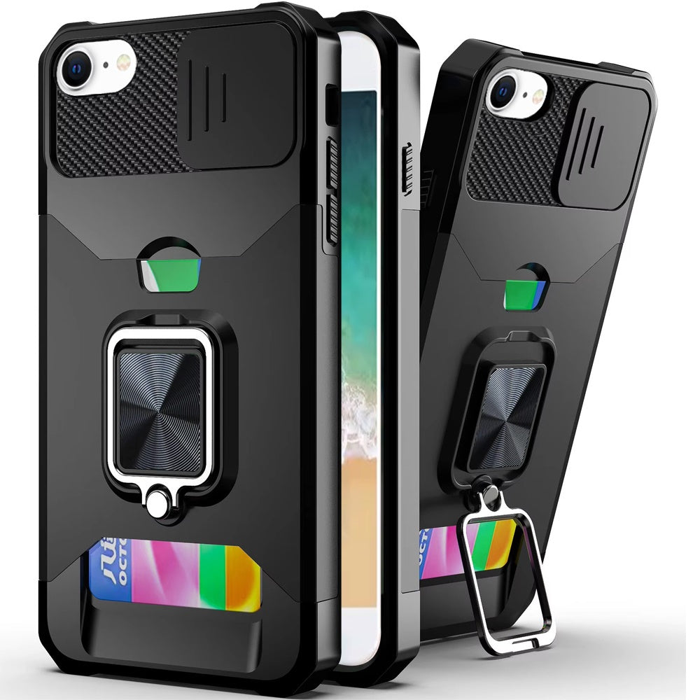 Premium Multi-Functional Card Magnetic Ring Stand Hybrid Camera Case For iPhone 16E / SE4/ 17e - Black