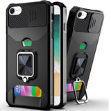Premium Multi-Functional Card Magnetic Ring Stand Hybrid Camera Case For iPhone 16E / SE4/ 17e - Black