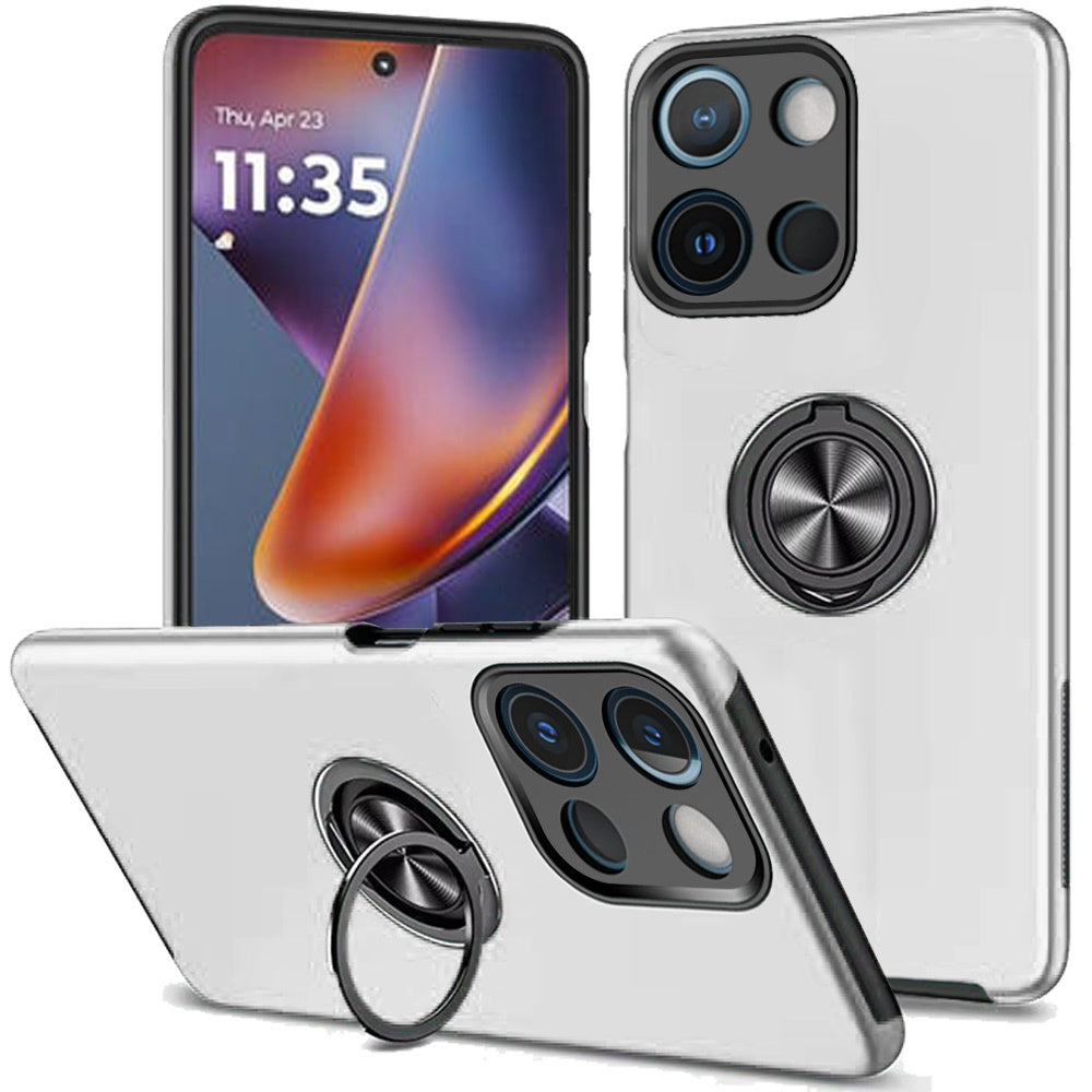 HR Premium Chief Oil Painted Magnetic Ring Stand Hybrid Case Cover For Motorola Moto G 5G 2025/2026 - Silver