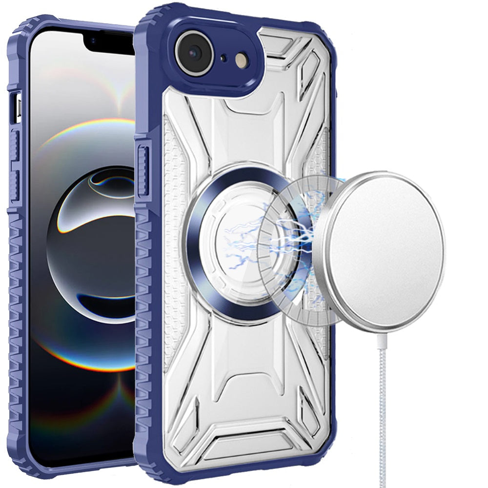 Premium [Magnetic Circle] Cd Pattern Transparent Rugged Hybrid Case for iPhone 16E / SE4/ 17e - Dark Blue