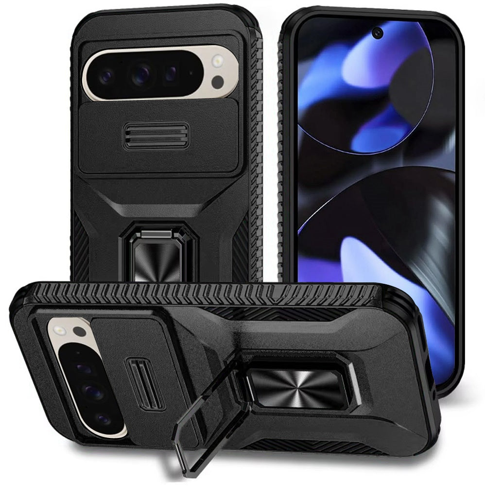 Premium Complete Magnetic Metal Ring Stand Camera Protection Hybrid Case For Google Pixel 10/10 Pro - Black