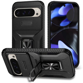 Premium Complete Magnetic Metal Ring Stand Camera Protection Hybrid Case For Google Pixel 10/10 Pro - Black