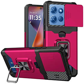 HR Premium Multi-Functional Card Magnetic Ring Stand Hybrid Camera Case Cover For Motorola Moto G 5G 2025/2026 - Hot Pink