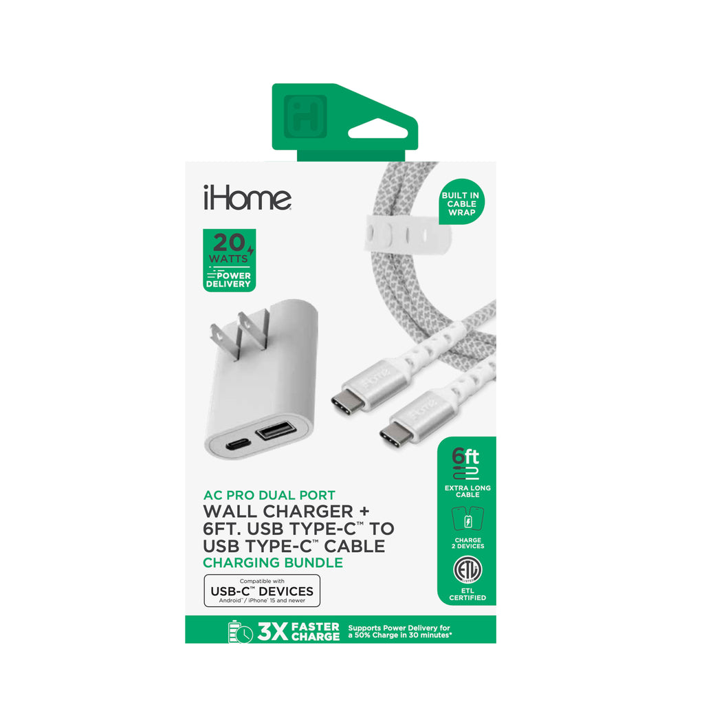 iHome 20W Dual-Port Ac Pro Usb-A &amp; Usb-C Wall Charger W/ Folding Prongs + 6' Usb-C To Usb-C Nylon Cable - White