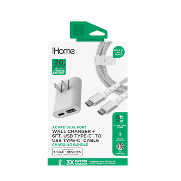 iHome 20W Dual-Port Ac Pro Usb-A &amp; Usb-C Wall Charger W/ Folding Prongs + 6' Usb-C To Usb-C Nylon Cable - White