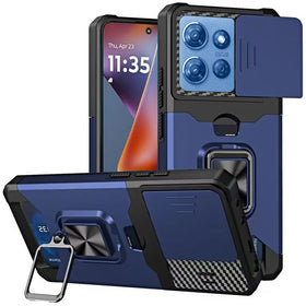 HR Premium Multi-Functional Card Magnetic Ring Stand Hybrid Camera Case Cover For Motorola Moto G 5G 2025/2026 - Blue